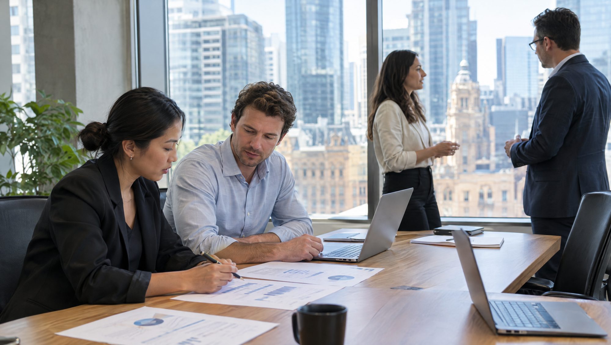A team reviewing charts around a meeting table in a Sydney office