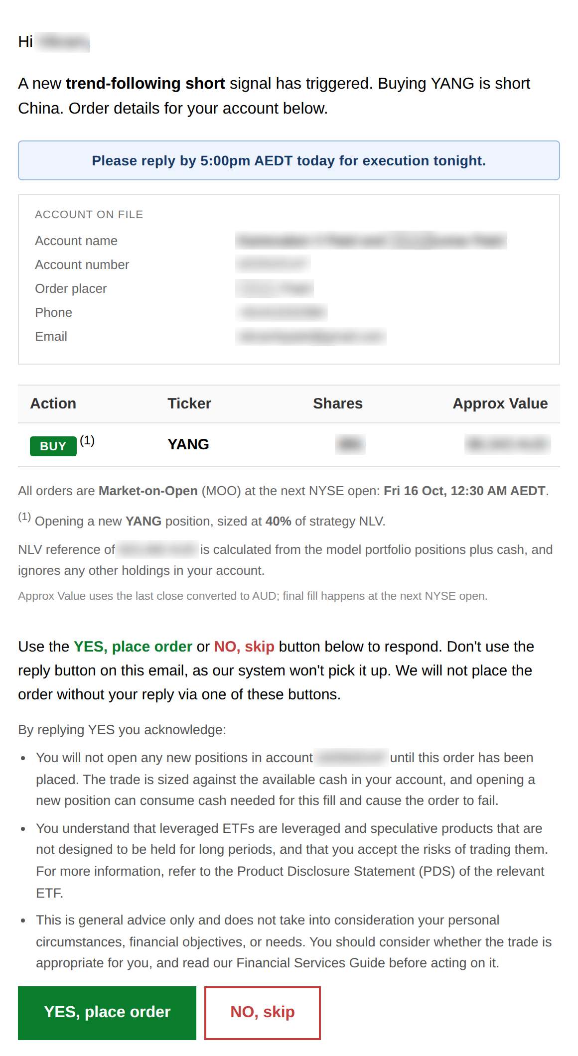 A MFAM Quant trade alert email with a Market-on-Open order, a reply deadline and YES, place order and NO, skip buttons. Client details are blurred.