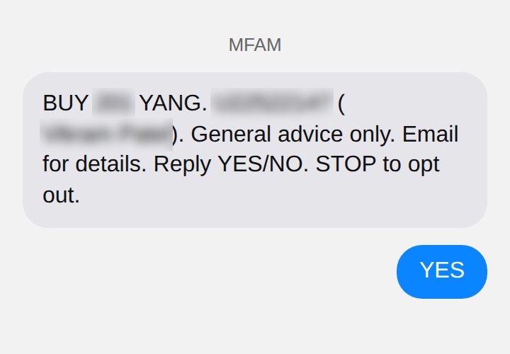 The trade alert text message, ending Reply YES/NO, with a YES reply. Client details are blurred.