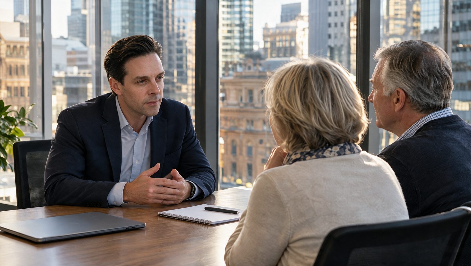 An adviser talking with a couple across a desk in a Sydney office
