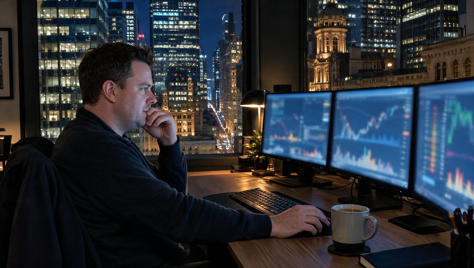 An adviser at a bank of monitors in a Sydney office at night