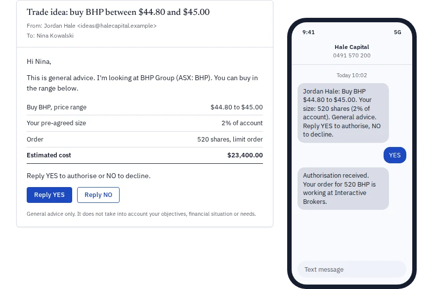 A trade idea as an email and as an SMS on a phone, with the client replying YES to authorise