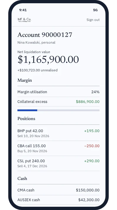 Client portal on a phone showing net liquidation value, margin utilisation and positions