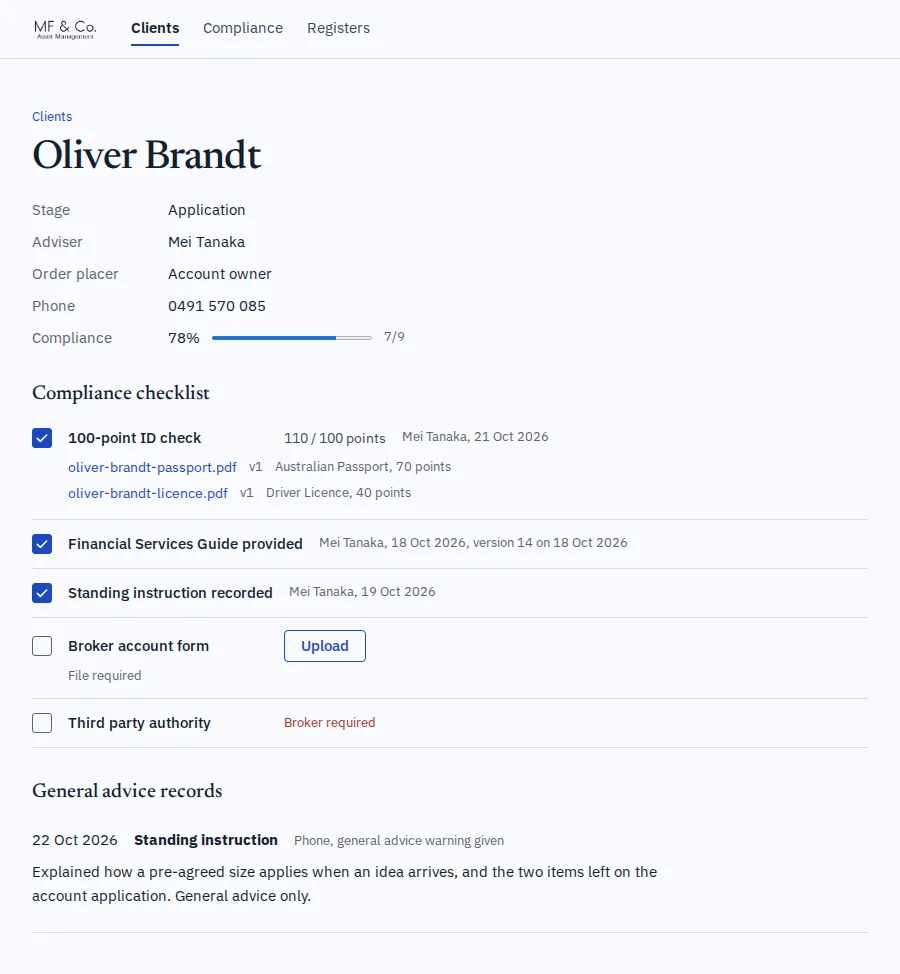 Client card with a 100-point ID check ticked at 110 points, a compliance progress bar and the checklist