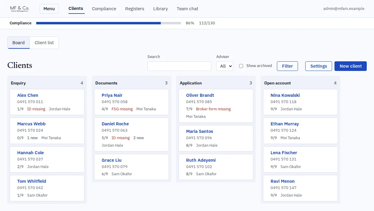 Compliance intranet CRM board with clients in each stage from enquiry to open account